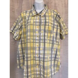 Adrian Dilefield  Woman's XL Plaid Flower Short Sleeve Button Down Shirt Top